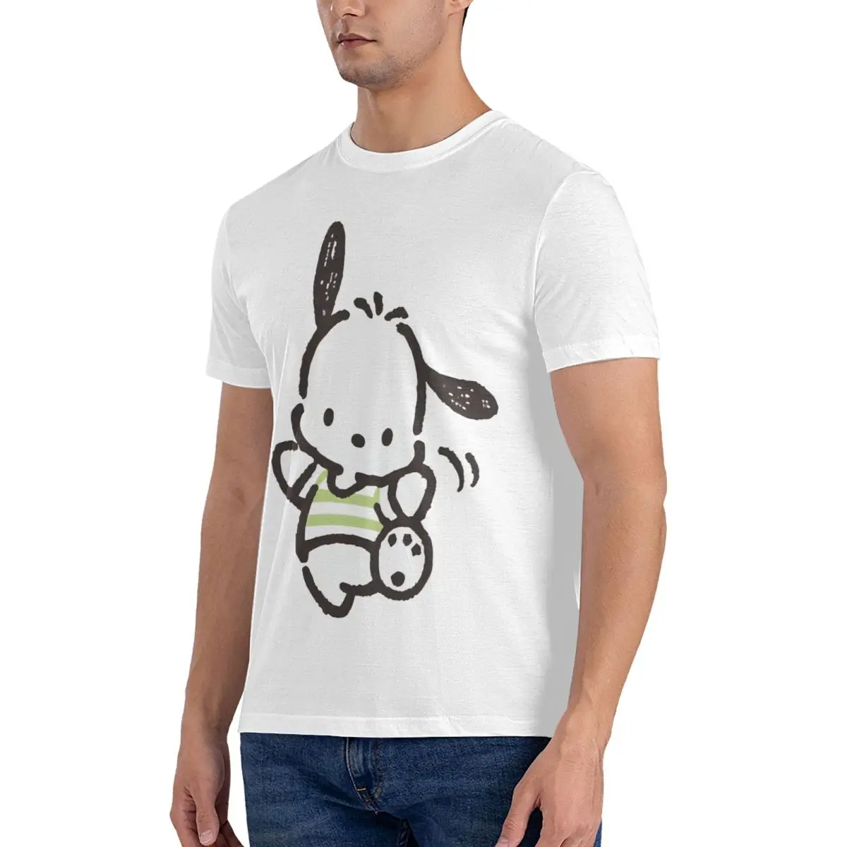 Sanrio Cartoon Character T-Shirt for Men Pochacco Crazy 100% Cotton Tee Shirt Round Collar Short Sleeve T Shirt Unique Clothes