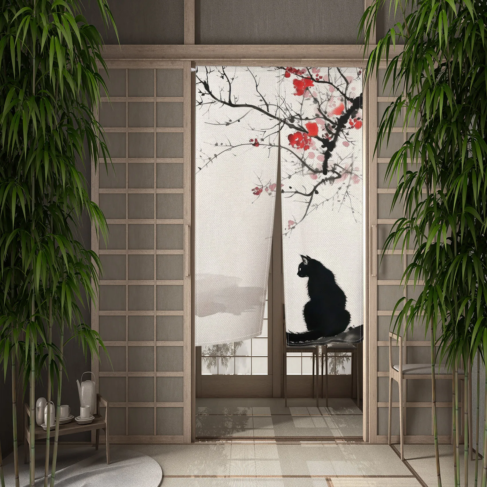 Japanese Ukiyo-e Style Door Curtains Cat Flower Print Home Decor Traditional Art Pattern Partition Linen Hanging Half Curtains