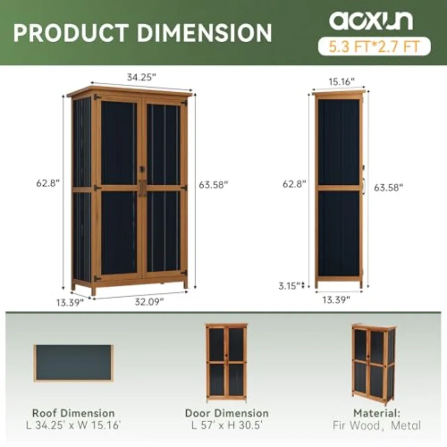 Outdoor Storage Cabinet Shed Wood Garden Vertical Cabinet: Weather-Resistant Pine, Natural Brown, Lockable Doors Ventilated Des