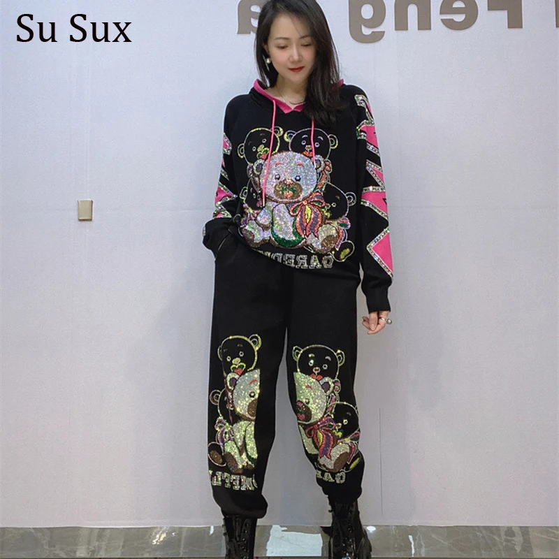 Sequins Cartoon Bear Knitted Hooded Pencil Pants Sets For Women Outfits Casual Oversize 2 Pieces Vestidos Bust 118cm Y2k