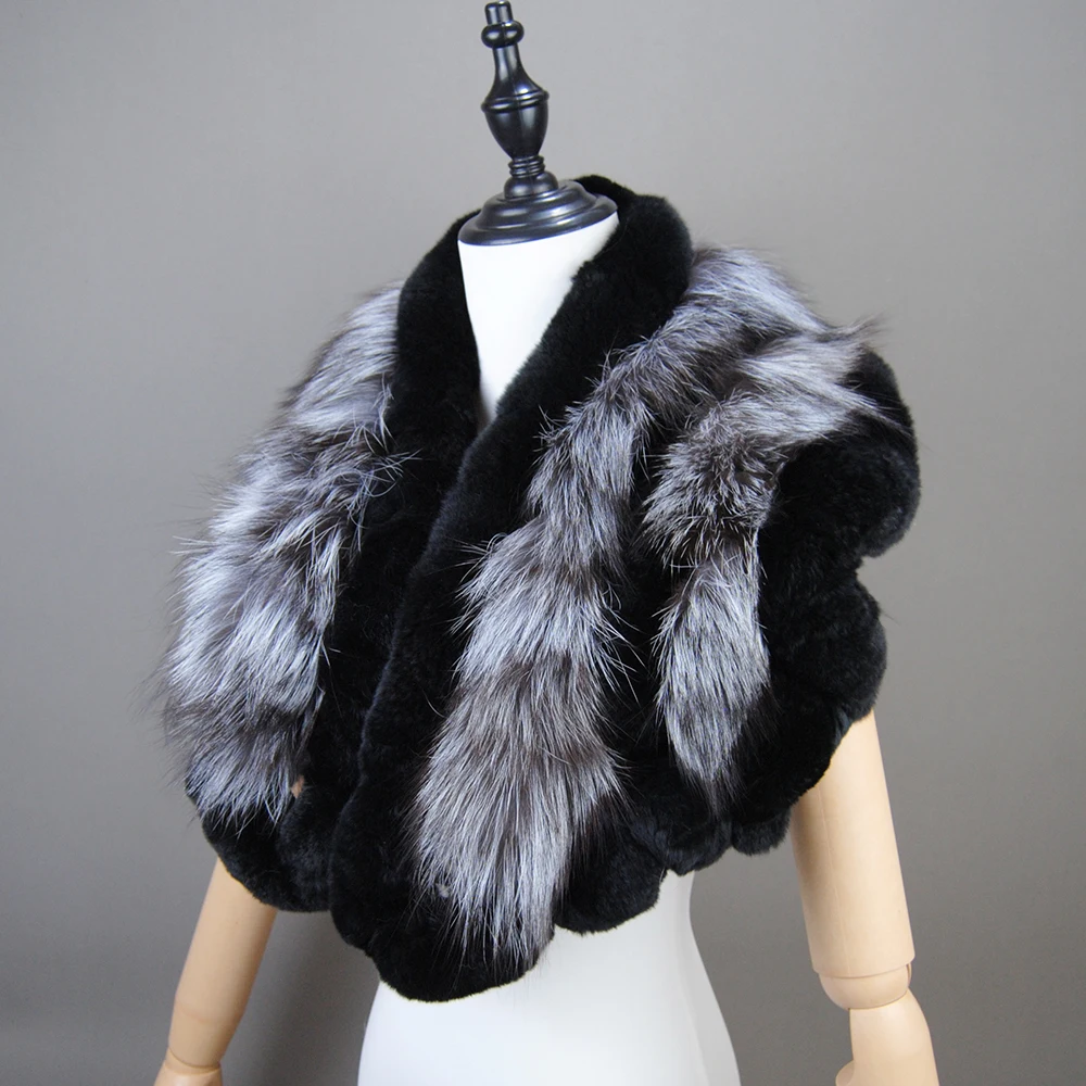 Genuine Rex Rabbit Fur Scarf With Fox Fur Women Winter Warm Scarves Trendy Elegant Natural Rex Rabbit Fur Ring Scarves Female