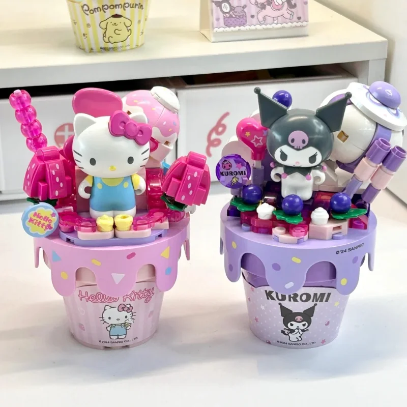 New Keeppley Sanrio Building Blocks Hello Kitty Kuromi Pochacco Cinnamoroll Ice Cream Cone Splicing Model Toy Ornaments Gift