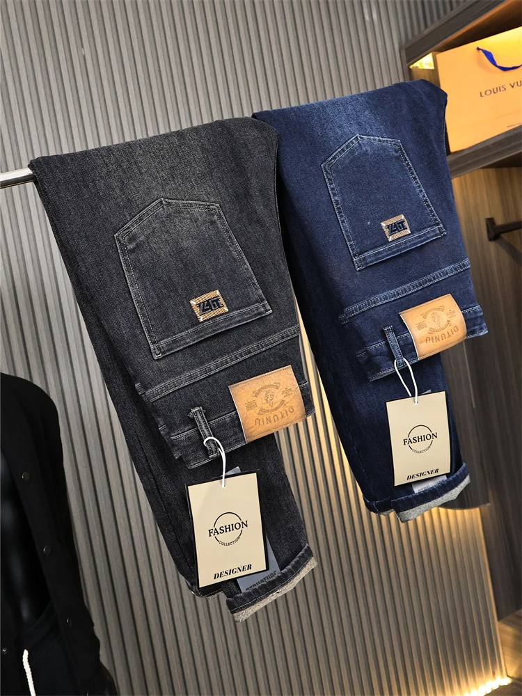 

Men's Pure Color High Elastici Straight Leg Casual Jeans Cotton Stretch Denim mid Waist Zipper Modern Sle Spring Autumn