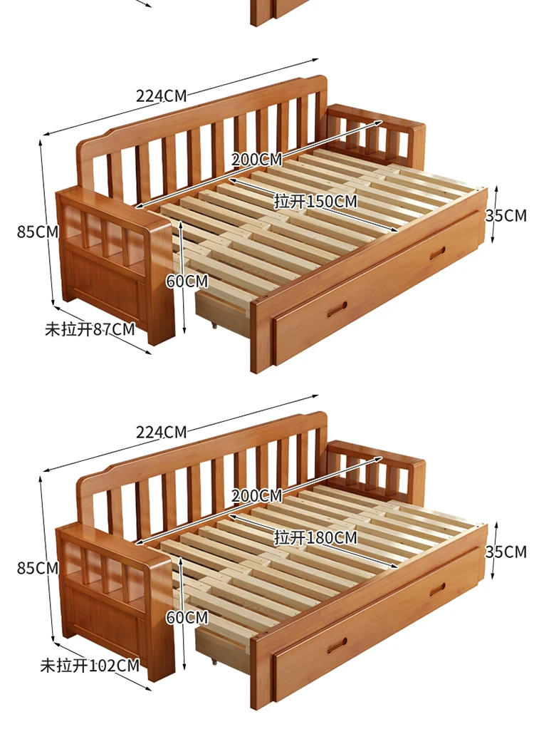 Solid wood sofa bed folding dual-purpose push-pull telescopic and lying living room multi-functional pull solid wood sof