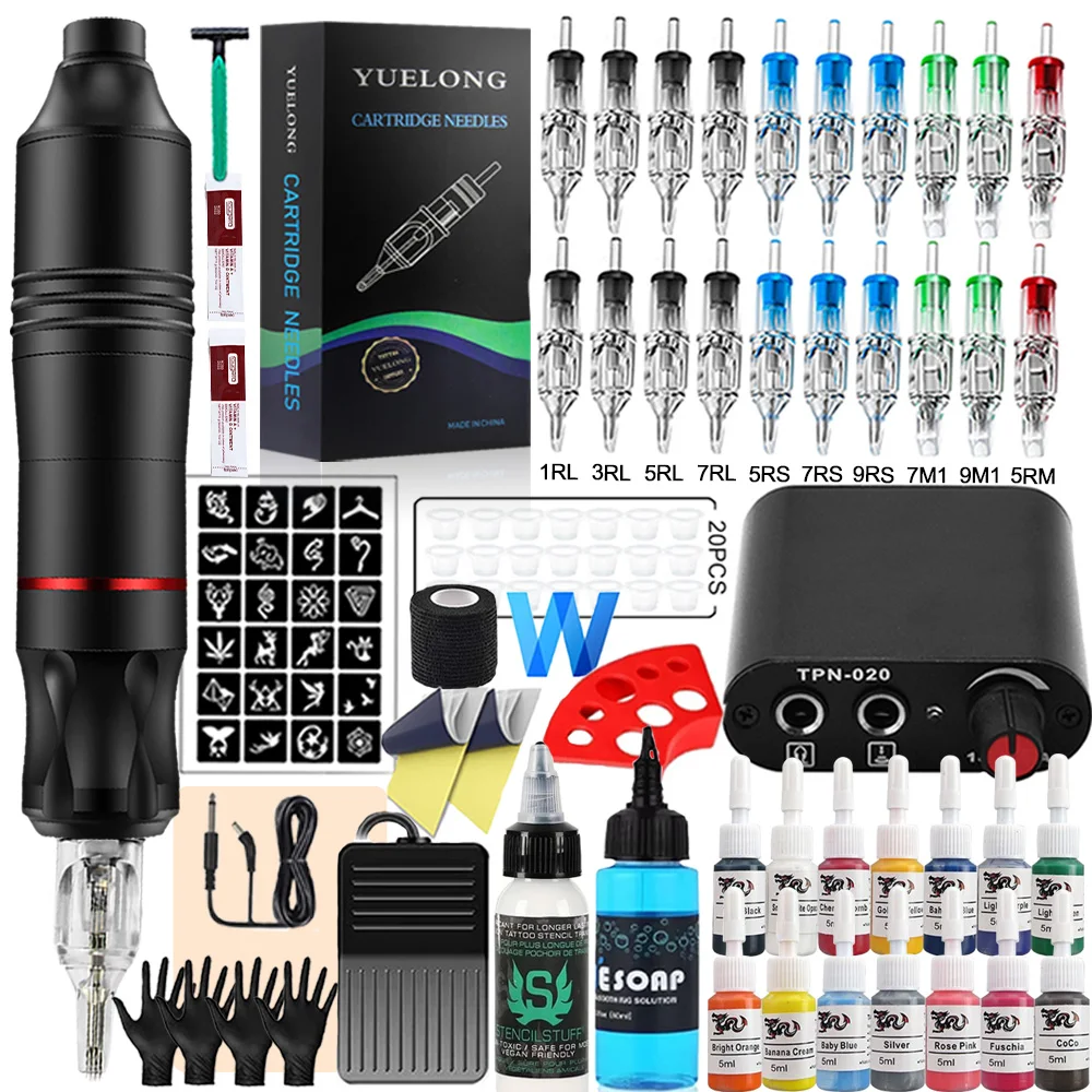 

Rotary Tattoo Machine Pen Kit Complete Starter Set Power Supply 14 Tattoo Inks Cartridge Needles Kit for Tattoo Beginners Artist