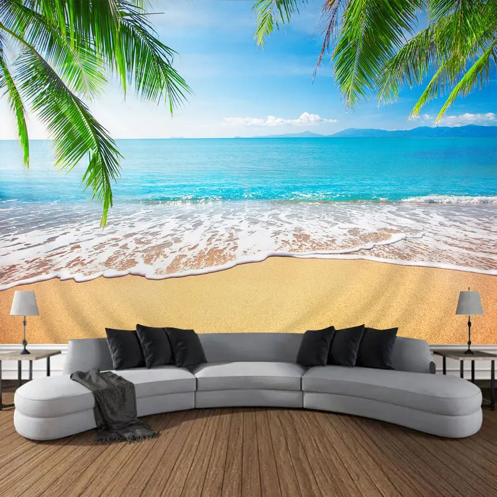 Seaside Outdoor Landscape Tapestry Blue Sky Beach Coconut Tree Tropical Nature Landscape Bedroom Wall Hanging Living Room Mural