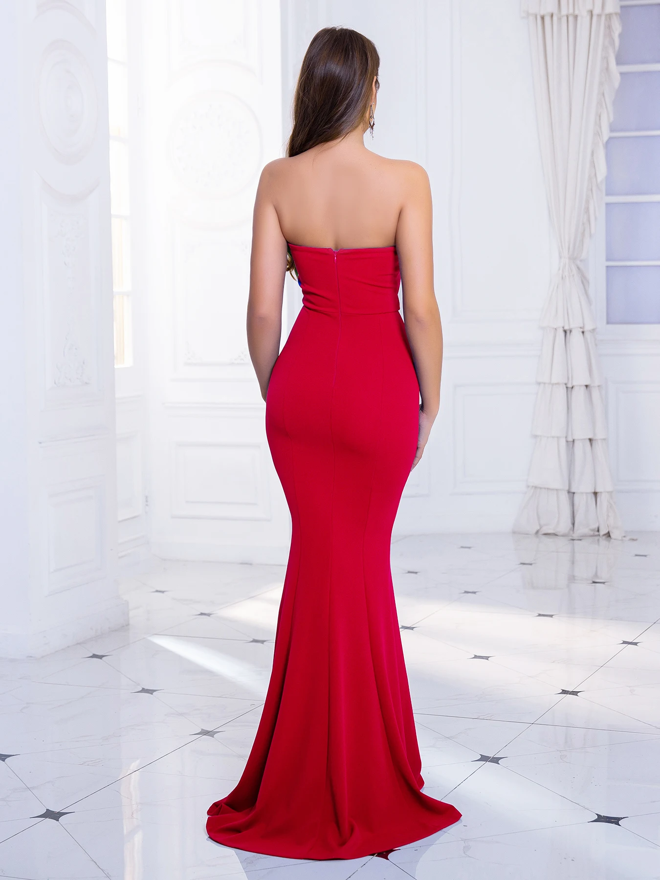 Strapless Long Evening Dress Sleeveless Backless Floor Length Slim Fit Bridesmaid Wedding Party Prom Gown Red Blue