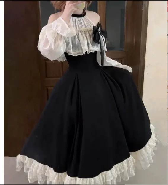 Elegant Lolita Long Sleeve Sweet Bow Princess Halter Neck Dress Fashion Age Reduction High Waist A-line Japanese Lolita Dresses