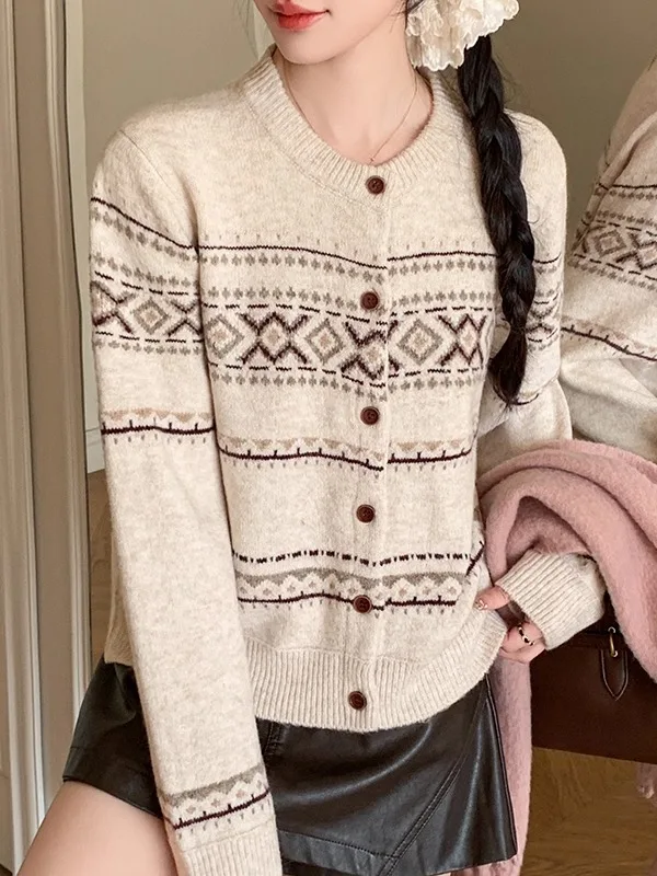 

Ретро-свитер женский вязаный с длинным рукавом, круглым вырезом, абстрактным узором в стиле колор-блок, осенне-зимний, новый, в корейском стиле, легкий