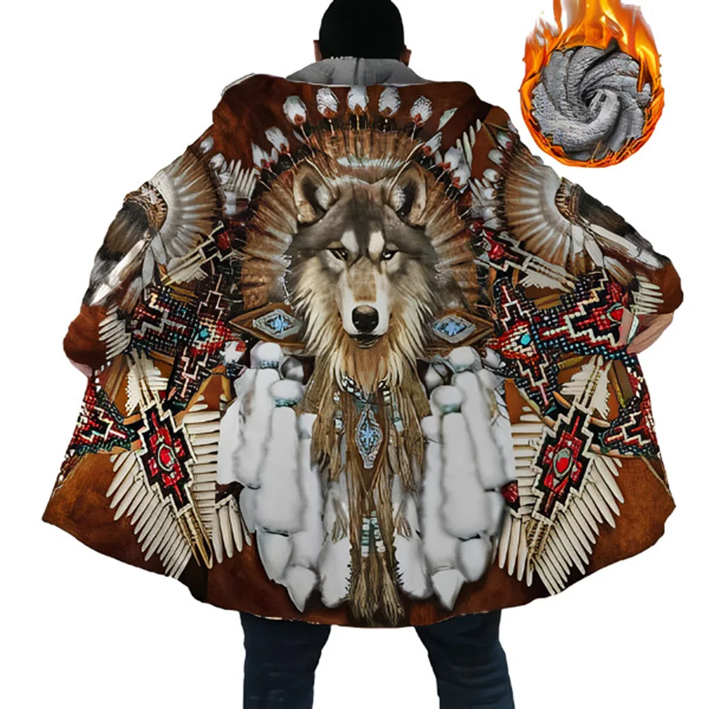 Men's Winter Jacket New Fleeced Long Coats Padding Windbreaker Indian Wolf Print Zip-up Hoodies Outerwear Parkas Warm Jackets