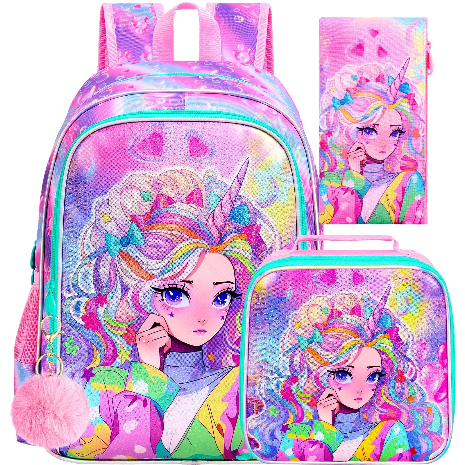 

Набор из 3 рюкзаков для девочек, 16-дюймовый водонепроницаемый рюкзак с единорогом для дошкольников с ланч-боксом, школьные сумки для девочек-принцесс для начальной школы