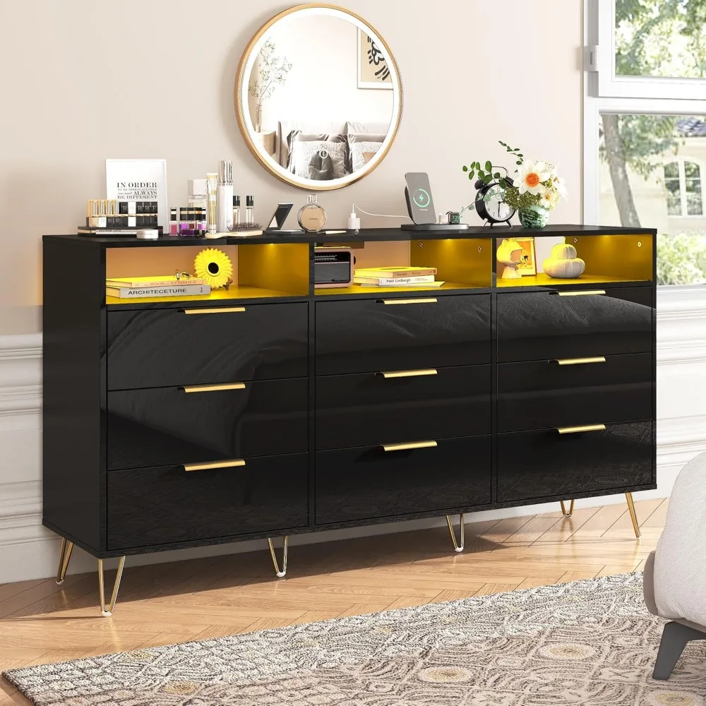 

Black Dresser for Bedroom with LED Lights, 9 Drawer Dresser with Charging Station