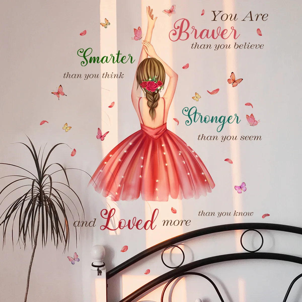 2pcs Little Girl English Slogan Butterfly Cartoon Wall Sticker Cute Creative Background Wall Room Decoration Mural Wall Sticker