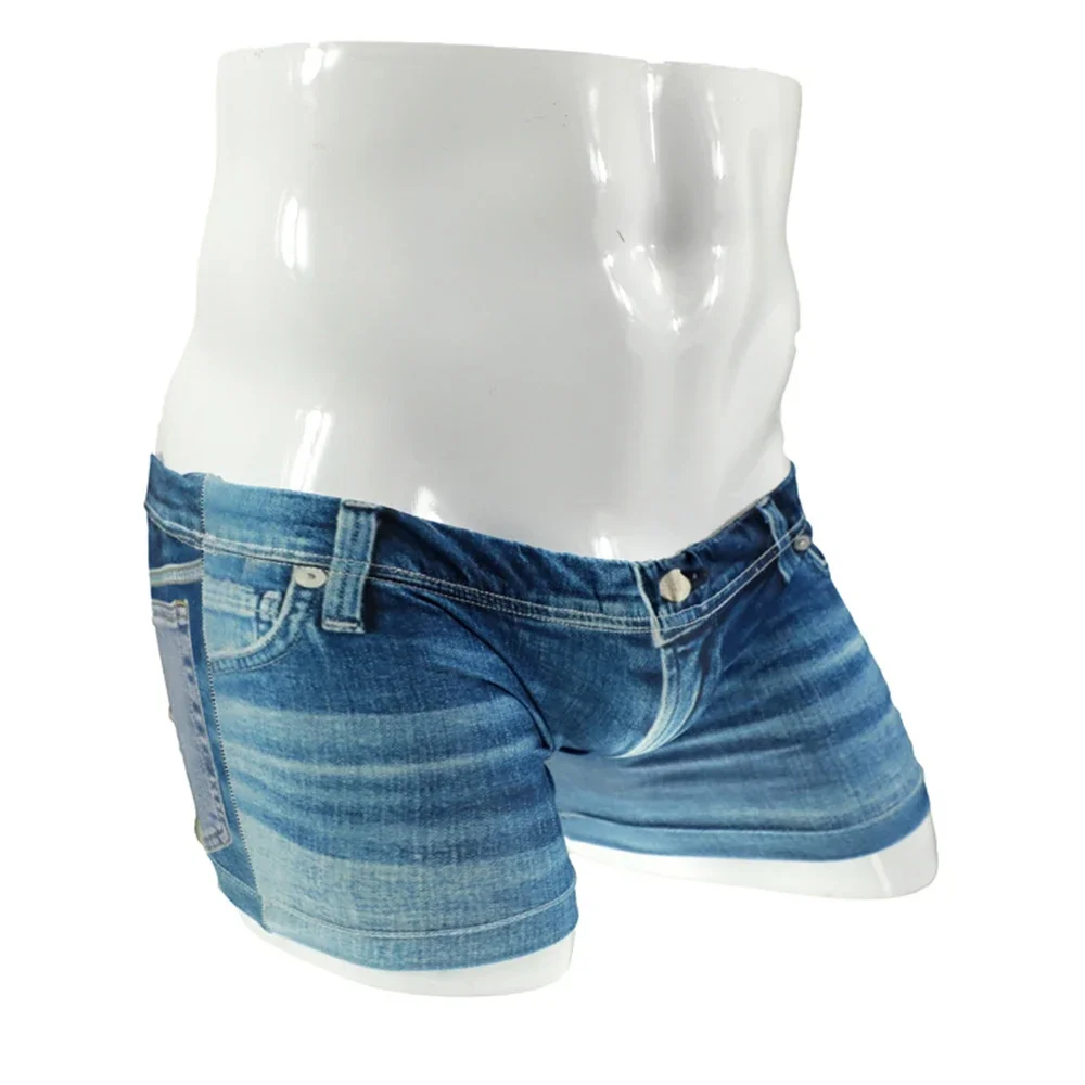 Boxer Shorts Men Big Bulge Pouchshorts Men\'s Ice Silk Thins 3D Denim Printed Fake Jean Underwear Mens Underpants