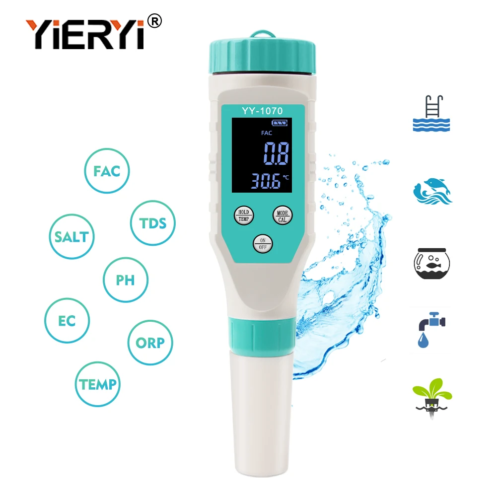 Yieryi 7 In 1 Swimming Pool Chlorine PH Meter Professional SALT/ORP/TDS/EC/FAC Tester Spa Hot Spring CL Water Quality Analyzer