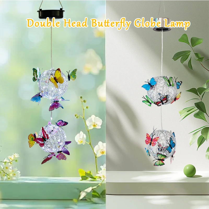 

LED Solar Wind Chime Light Double Head Butterfly Globe Lamp Colorful Waterproof Hanging Solar Light for Garden Yard Home Decor