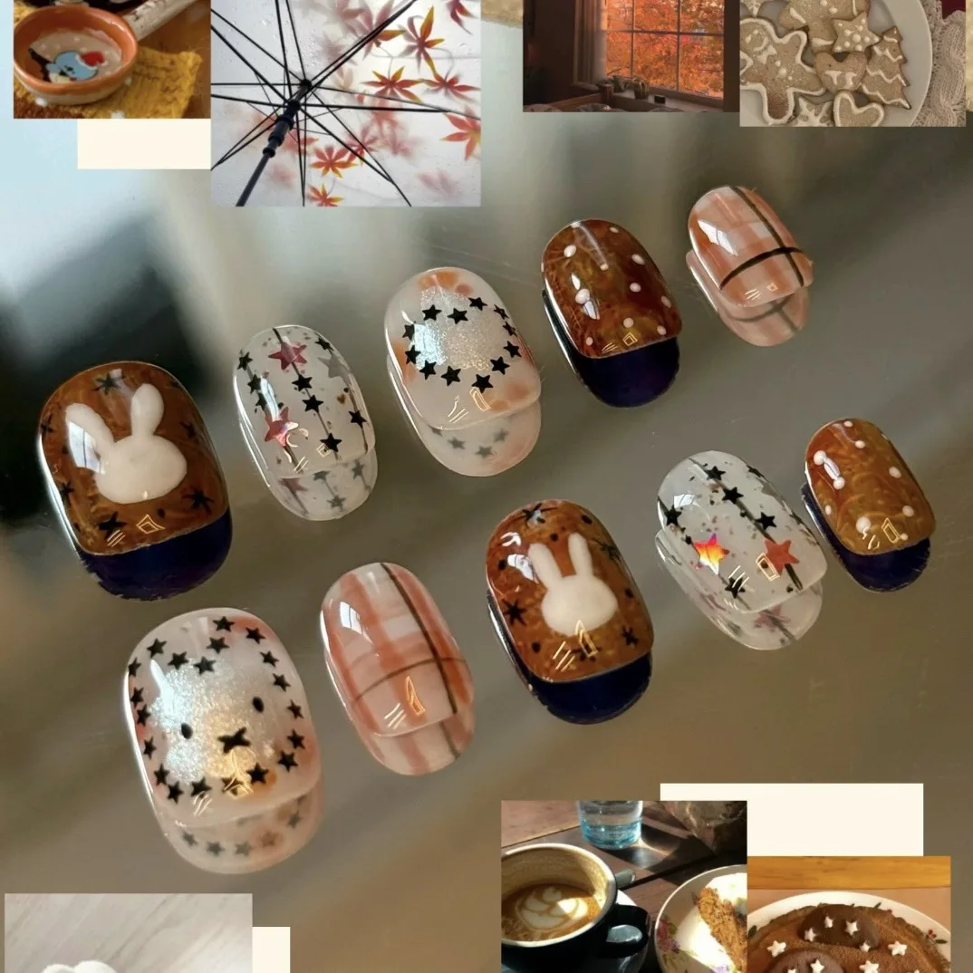 

24PCS Maillard Ins Nail Tips Cute Cartoon Rabbit Sweet Star Heart Short Square False Nails Autumn Winter Brown Plaid Fake Nails