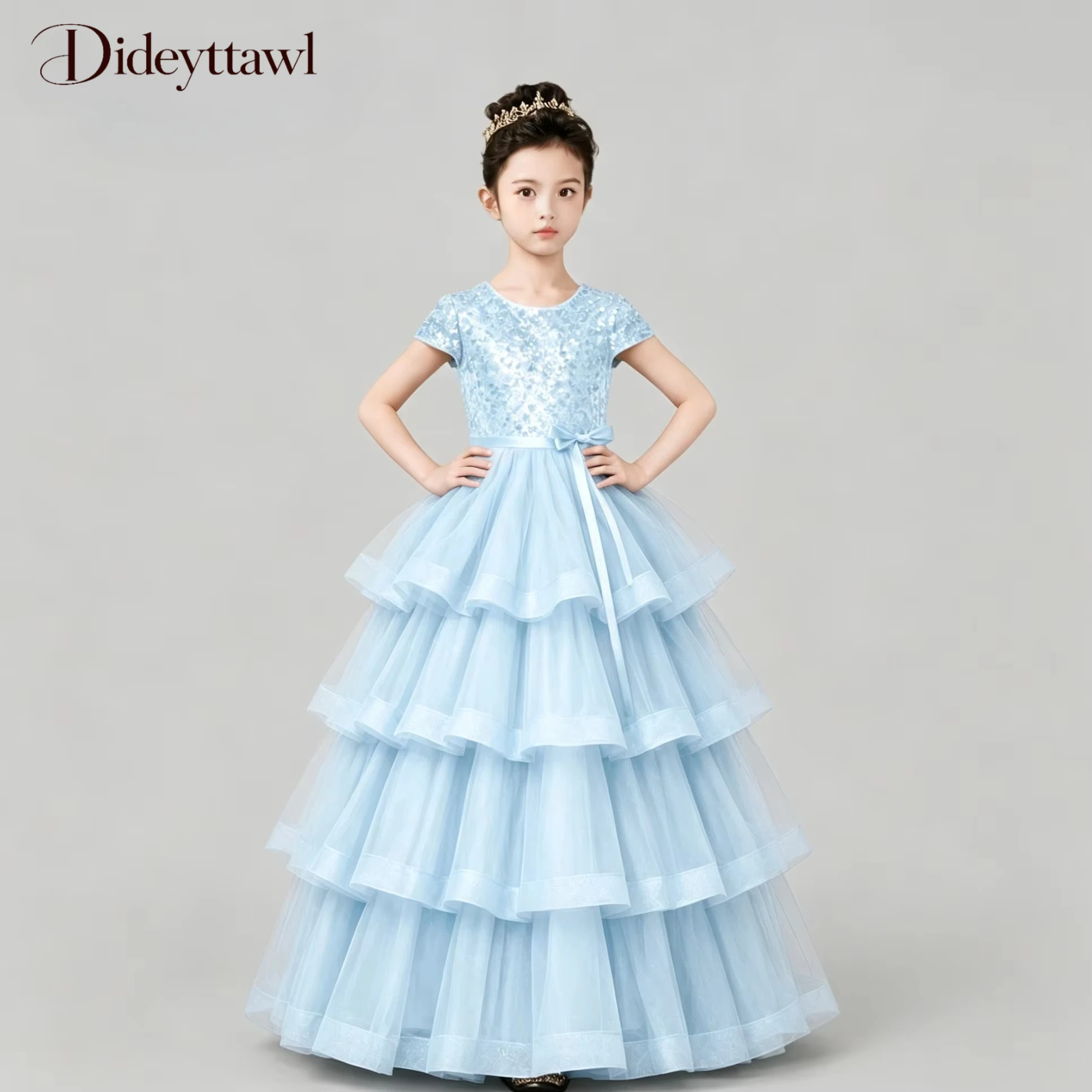 Dideyttawl Sequined Short Sleeve Tiered Tulle Floor Princess Pageant Dress Kids Formal Birthday Prom Party Gown Multi Colors