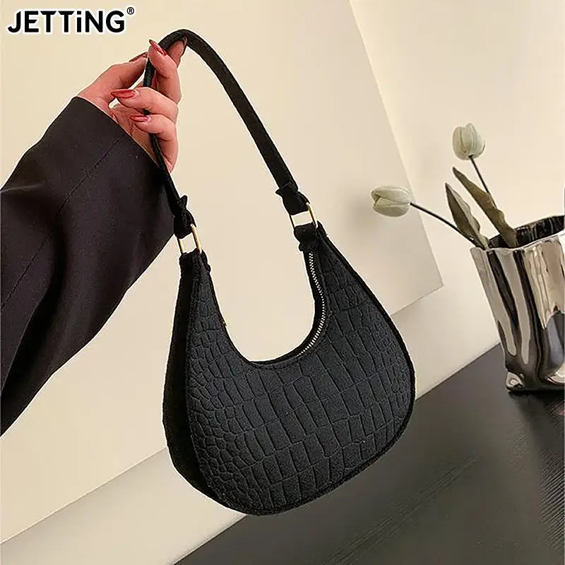 Candy Color Advanced Design Texture Armpit Handbags Felt Shoulder Bags For Women Women\'s Subaxillary Bag Purses Crescent Bag