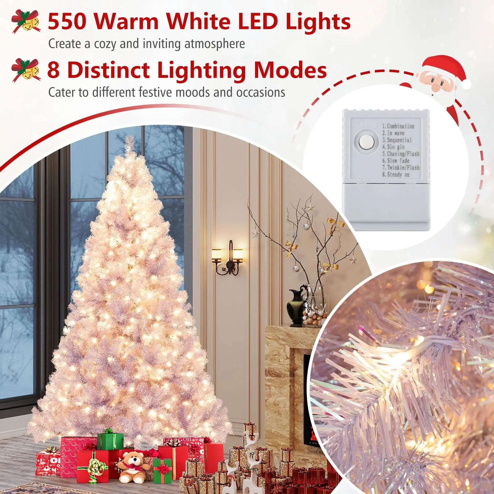 7.5 FT Pre-Lit Tinsel Christmas Tree, Artificial Hinged Xmas Tree with 550 Warm White LED Lights, 8 Modes, 1300 Lush