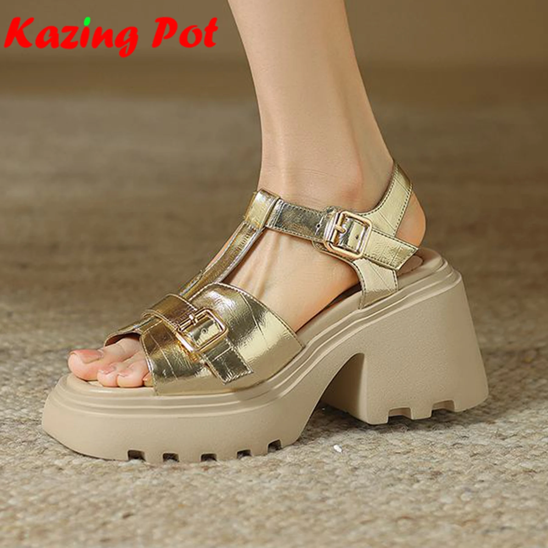 Krazing Pot Genuine Leather Summer Shoes Thick Bottom Platform Kpop Fashion Style Casual Buckle Straps Waterproof Women Sandals