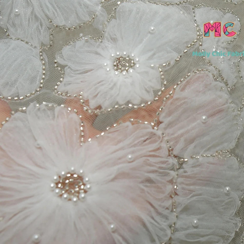

Flower 3D Nail Bead Embroidery Lace breathable Fabric Sewing Wedding Dress Evening Dress Adult Dress fabrics for sewing