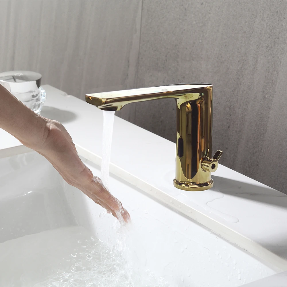 

Auto touchless basin faucet taps body full brass copper golden color mixer water cold & hot ac 220 voltage battery power