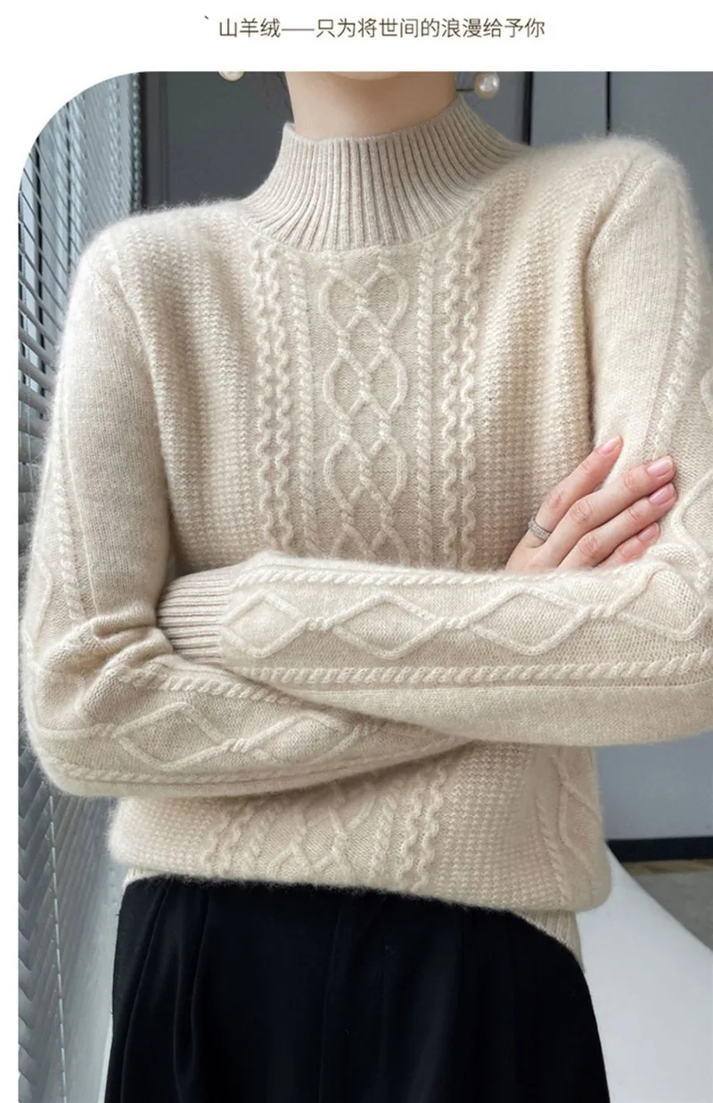 Neue Frühjahr Gestrickte Pullover Halb Hohen Kragen Lose Dicke Warme Pullover Für Frauen Vintage Wolle Herbst Winter Mutter Bodenbildung Top – Detail 3