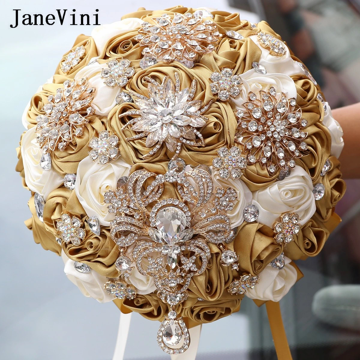 

JaneVini Bling Gold Rhinestone Diamond Wedding Bouquets Handmade Satin Rose Crystal Bridal Bouquet Artificial Flowers Wedding