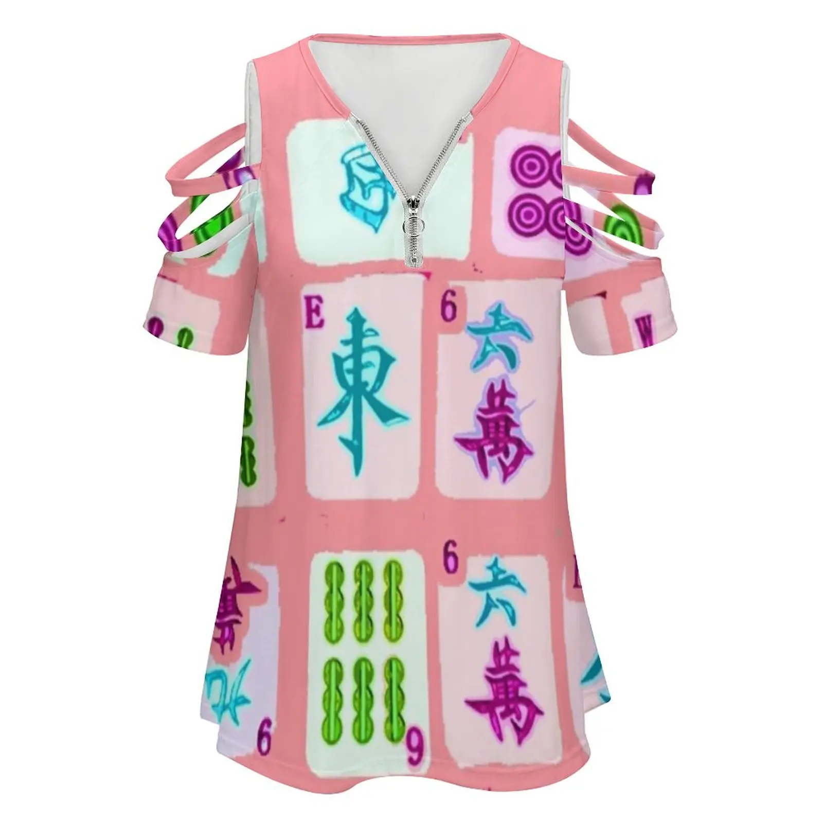 Pretty In Pink Women Zipper Sexy Printed Vintage T Shirts Tops Full Print T-Shirt Mahjong Mahjongg