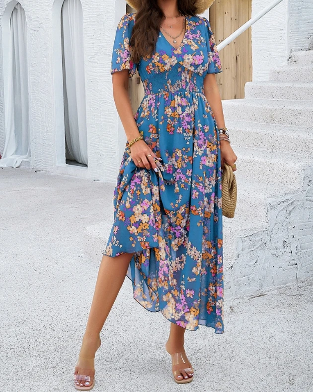 Sexy Elegant Dresses for Women New Fashion 2024 Summer Casual Temperament V-Neck Printed Waist Cinched Short Sleeved Dress