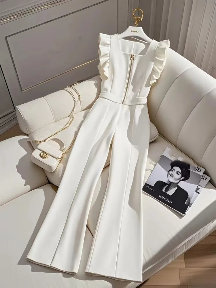 

2025 Office Lady White Jumpsuits for Women Elegant Jumpsuit Sleeveless Party Korean High Waist Wide Leg Pants Rompers Jumpsuit