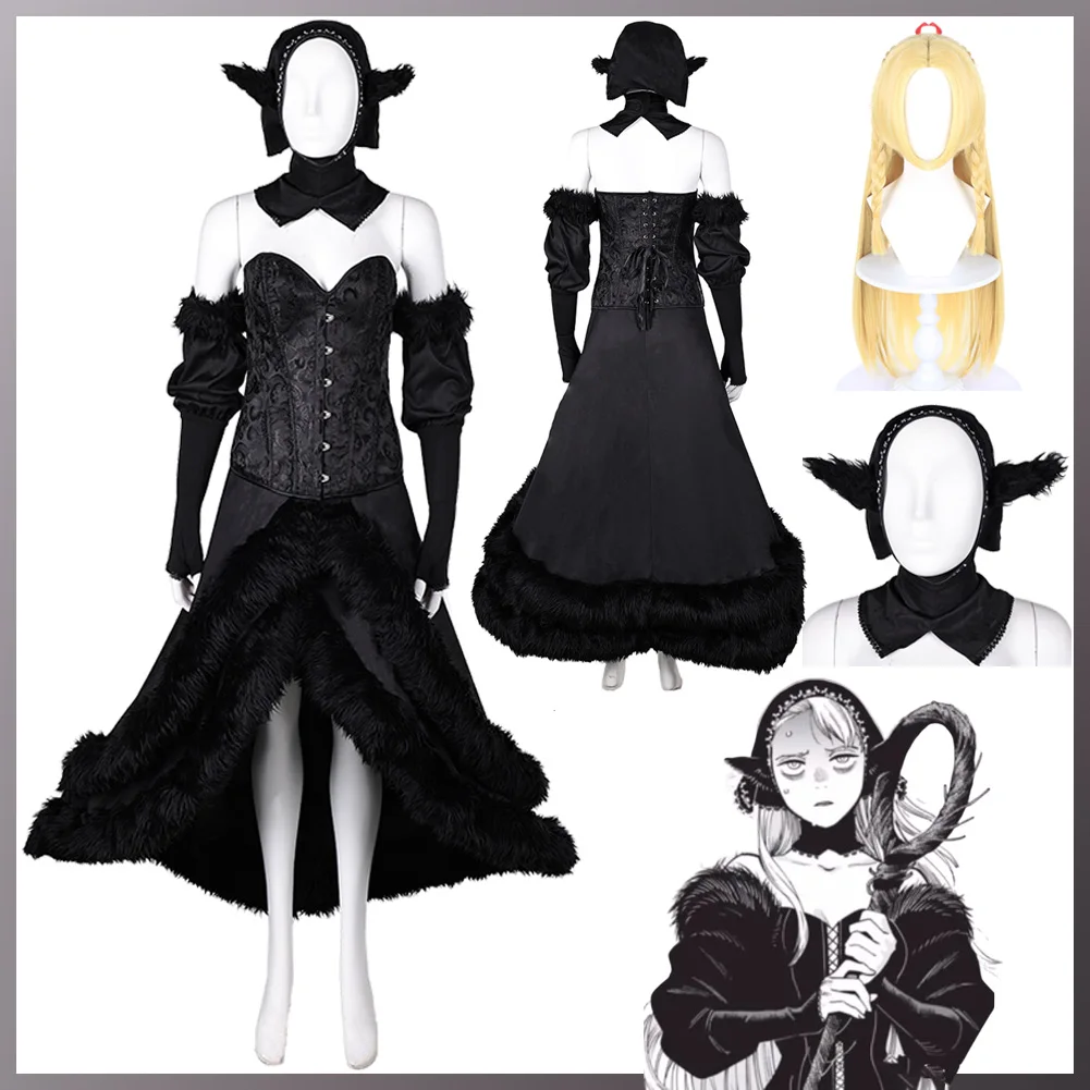 Anime Dungeon Meshi Marcille Cosplay New Black Costume Women Roleplay Fantasia DressHat Headgear Wigs Female Halloween Suit