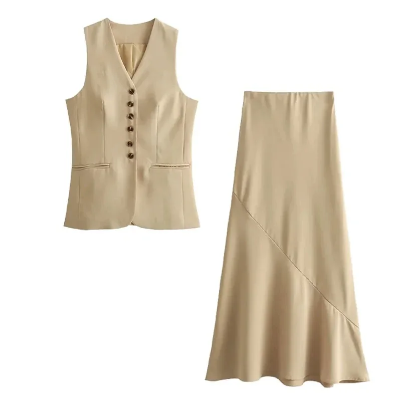 Women 2024 Fashion Summer Vest Skirt Sets Khaki V-Neck Sleeveless Pockets Waistcoats+High Waist Asymmetrical Skirt Suits