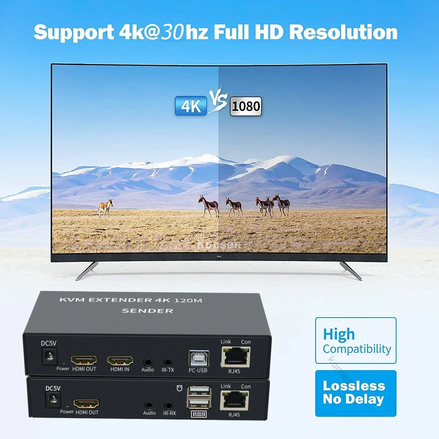 موسع 4K 120M HDMI KVM أكثر من Cat5e/6 Rj45 كابل إيثرنت HDMI USB موسع مع حلقة خارج الصوت IR دعم USB لوحة المفاتيح الماوس