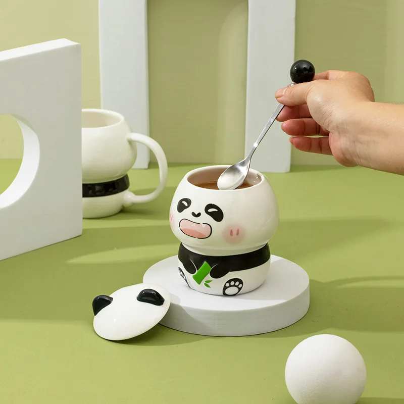 Silly panda cartoon mug three-dimensional small fresh ceramic cup with lid spoon office water cup large capacity water cup