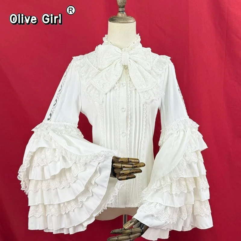 Olivegirl Victorian Vintage Gothic Lolita Shirt Women Elegant Lace Ruffles Flare Long Sleeve Blouse Y2k Aesthetic Girl Punk Tops