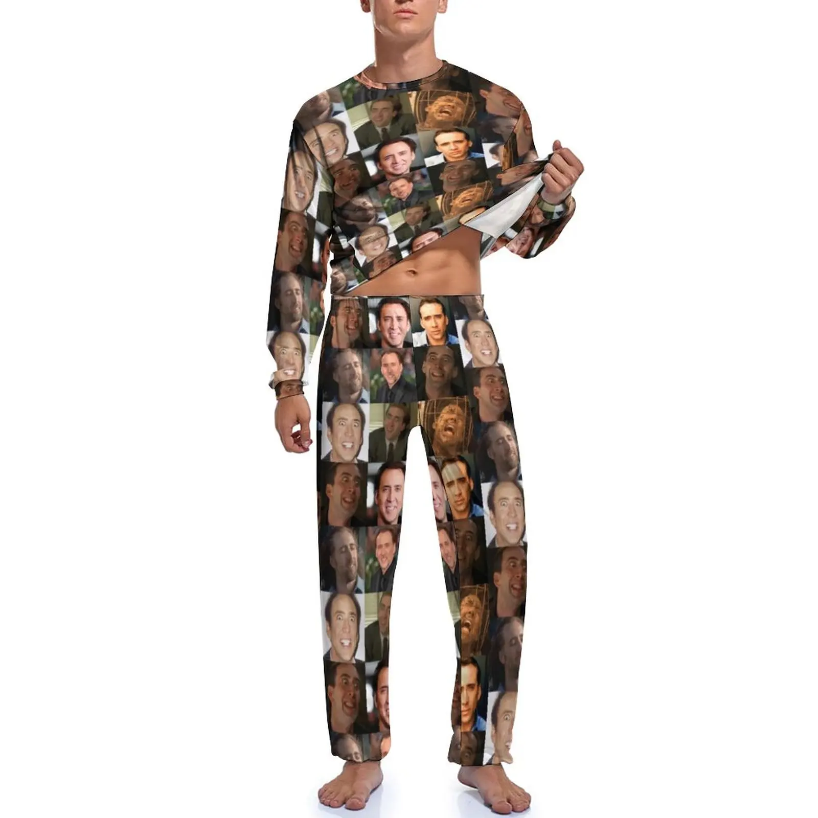 Pijama de manga larga con estampado estético para hombre, ropa de dormir con diseño divertido de Nicolas Cage para otoño, 2 piezas