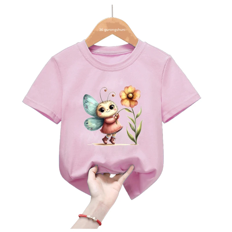 Camiseta rosa con estampado de abeja para niñas, ropa Harajuku Kawaii para niños, Tops de verano, camiseta para niños, ropa de calle