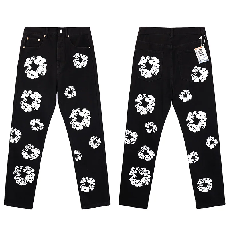 Calça jeans masculina e feminina em flor de algodão, calça simples com todos os fósforos, moda hip hop, americana, alta qualidade, 1:1