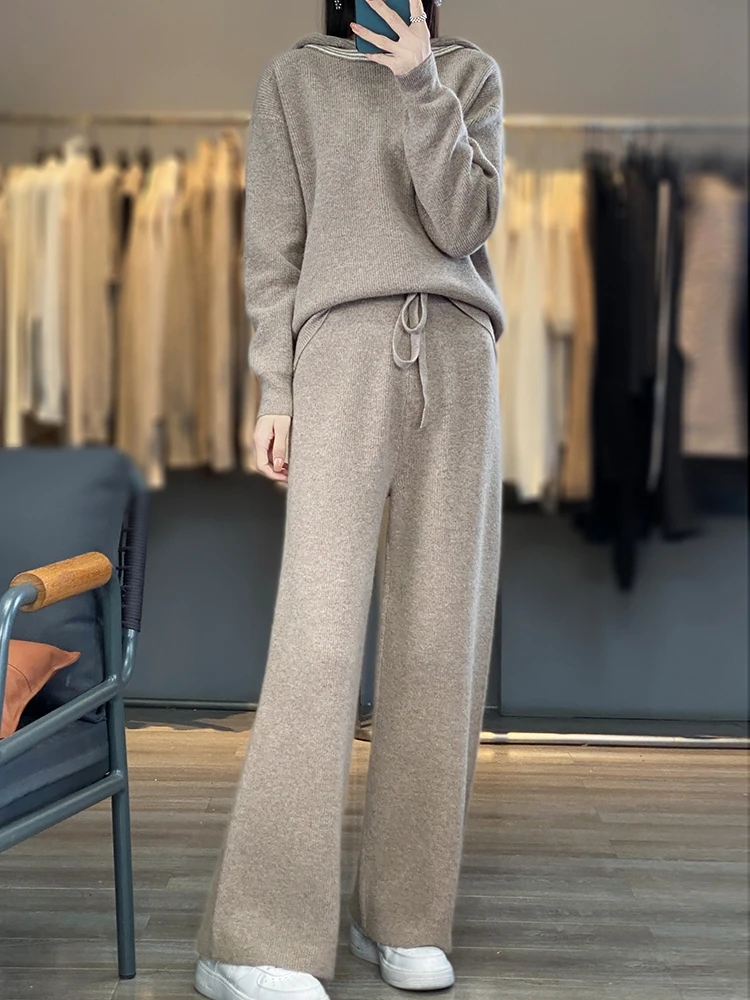 Autumn Winter 100% Pure Wool Two-piece Knitted Suit Women's Hooded Pullover Sweater Wide Leg Casual Pants Thick Solid Comfort