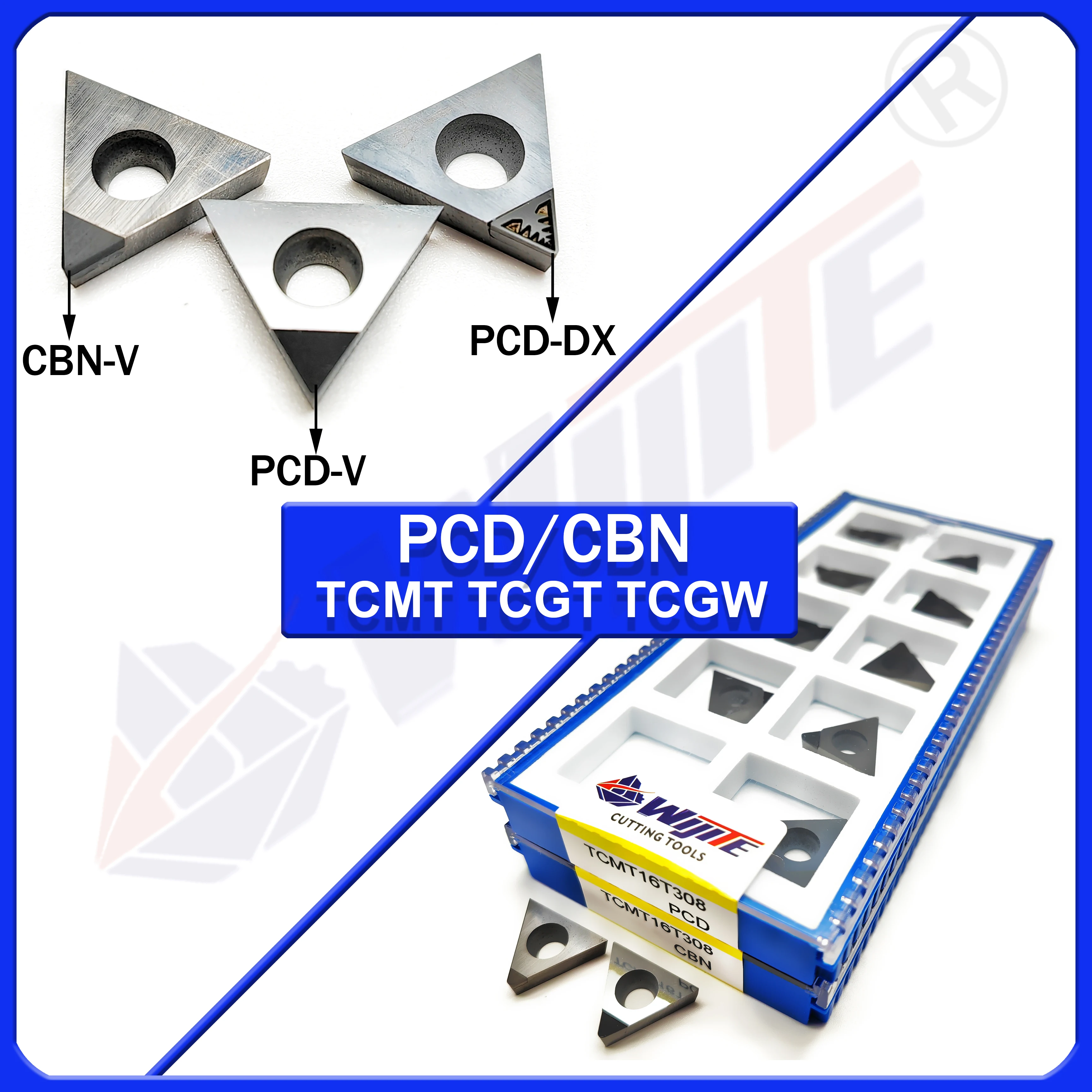 

PCD TCMT TCGT TCGW 110202 04 08 16T304 08 tool are used for aluminum and copper.CBN tool are used for hard steel and cast iron