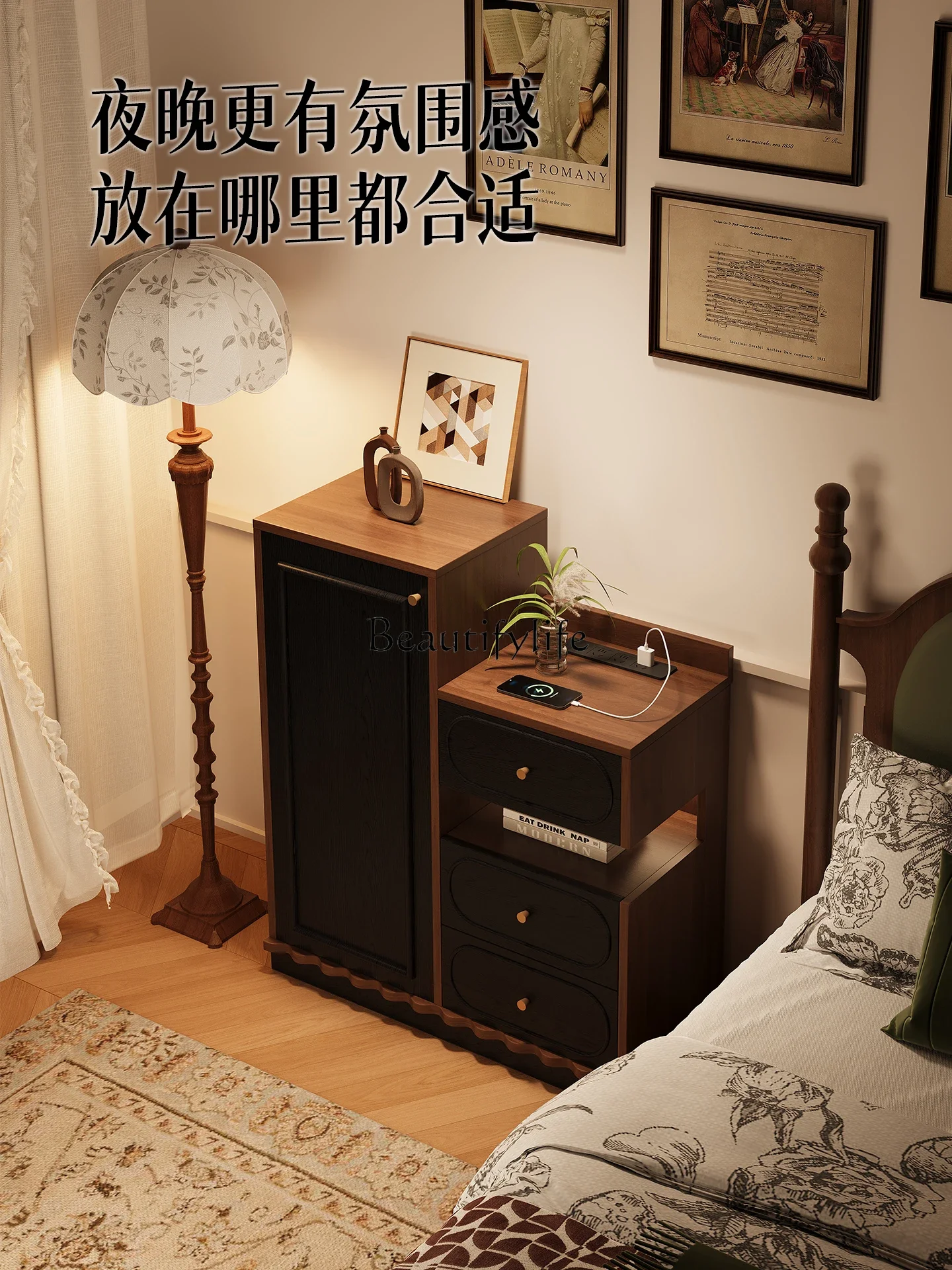 Yj7 French Retro Nightstand Bedroom Bedside Vintage Style S…