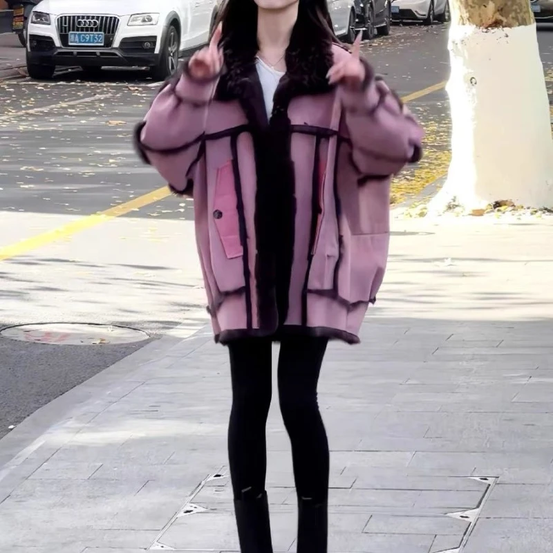 

Новое осенне-зимнее лоскутное свободное пальто, женская цельная меховая куртка с меховым воротником и утолщенное флисовое пальто на зиму