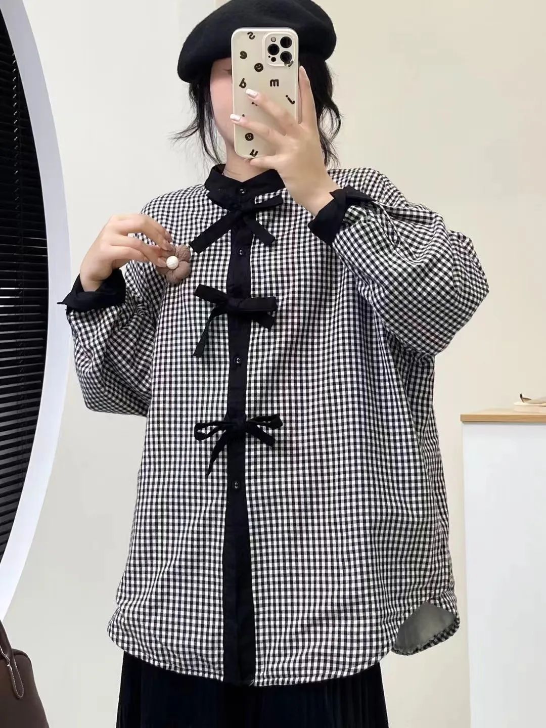 Hoge kwaliteit dames 100% katoenen blouse shirt geruite fleece lange mouw OL elegant shirt dames strik sluiting 2025 top shirts