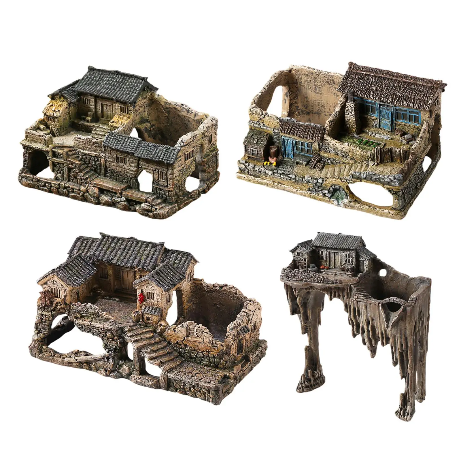 Fish Tank Hideout House Ancient Architecture Model Decorative Resin Toy Figurine Hide Cave for Lawn Turtles Patio Garden Indoor