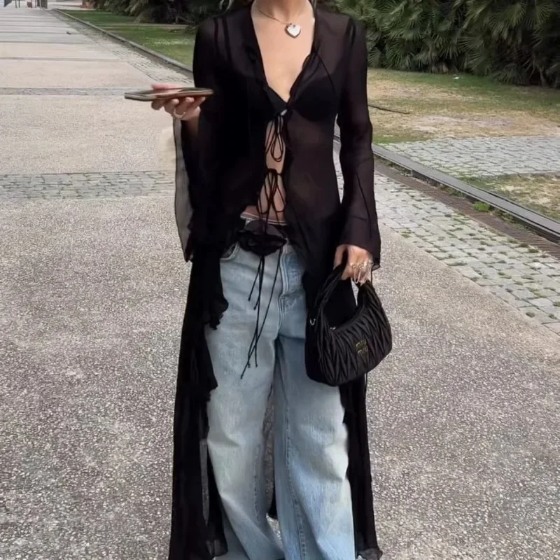 

Vintage Y2k Black See Through Long Cardigan Women Sexy Grunge V-neck Streetwear Tops Summer Chic Aesthetic Bandage Slim Blouse