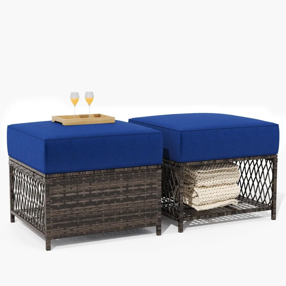 2 Pieces Outdoor Patio Ottomans All Weather Rattan Wicker Ottoman Seat Patio Footrest Seat Outdoor Footstool with 5