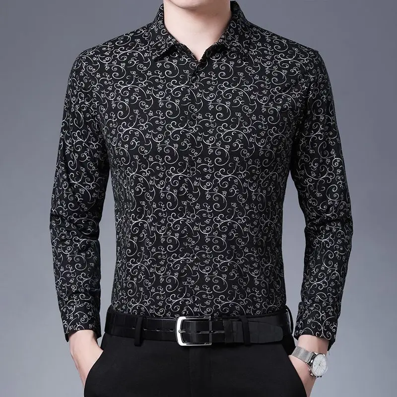 Chemise hawaïenne à manches longues pour hommes, Streetwear vintage, Vêtements d\'affaires décontractés, Noir, Nouvelle mode, Printemps, Automne,