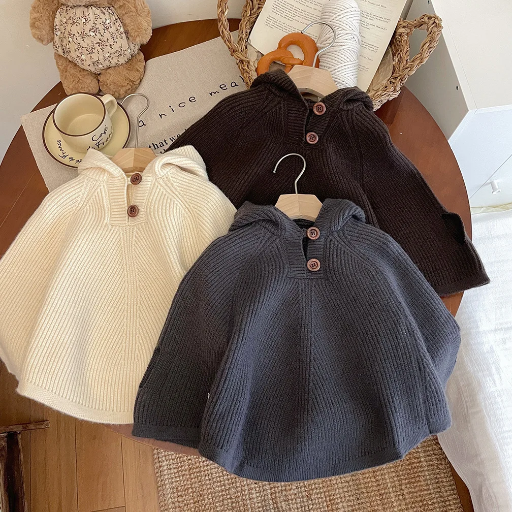 

Kids Girl Clothes Fashion Knitted Hooded Cape Autumn And Winter Warm Cloak Girls Top Loose Casual Children Coats Cloak 2-8 Years